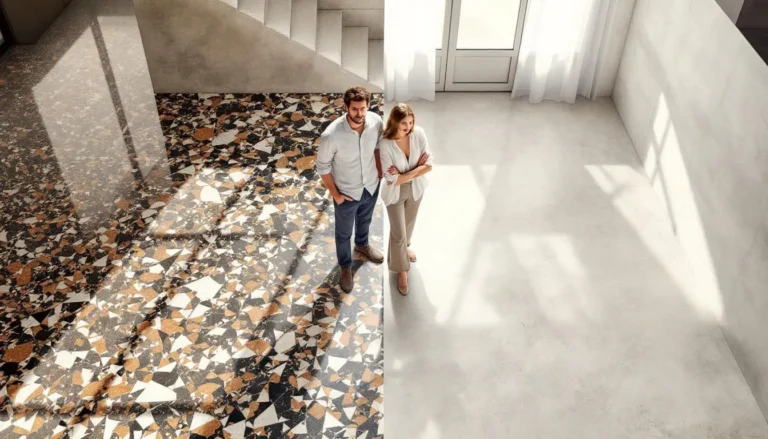 Revêtement sol intérieur comparant terrazzo et béton pour durabilité