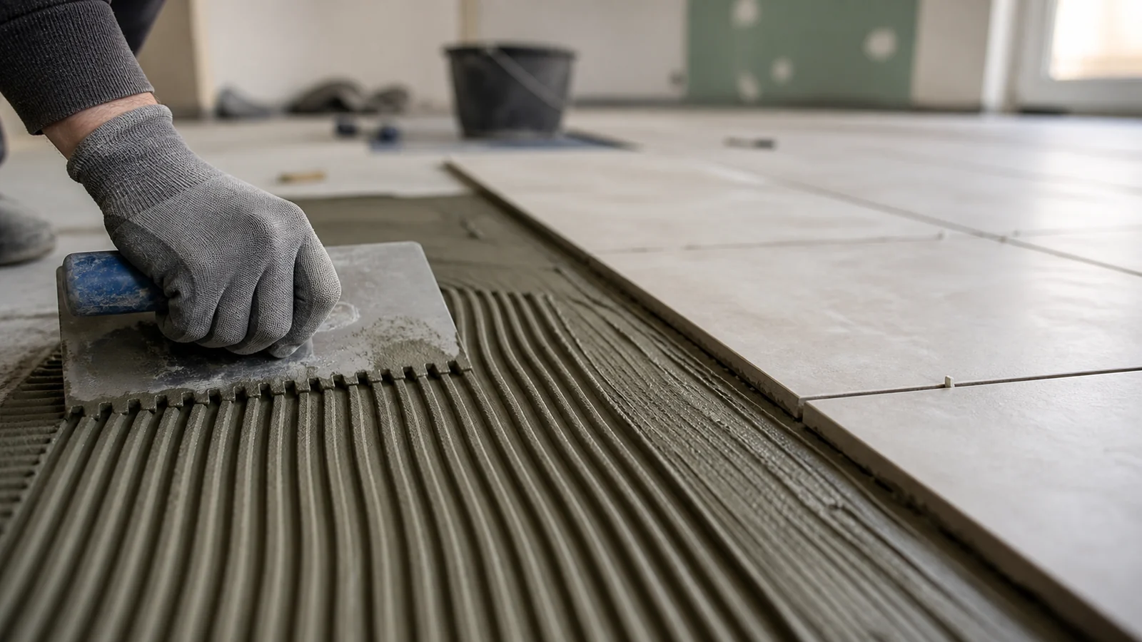 application de colle à carrelage au peigne cranté avant la pose des carreaux
