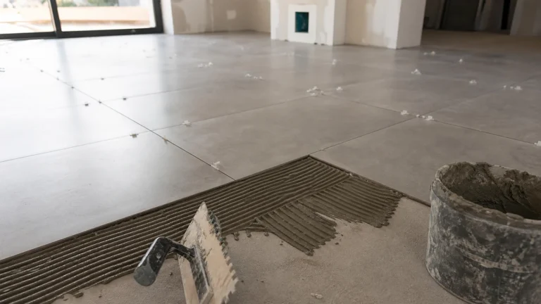 carrelage épaisseur colle sur un sol carrelé en cours de pose