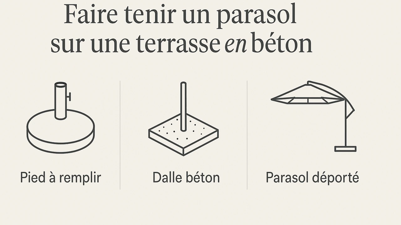 infographie des solutions pour faire tenir un parasol sur une terrasse en béton