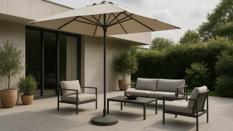 faire tenir un parasol sur une terrasse en béton avec un grand parasol stable