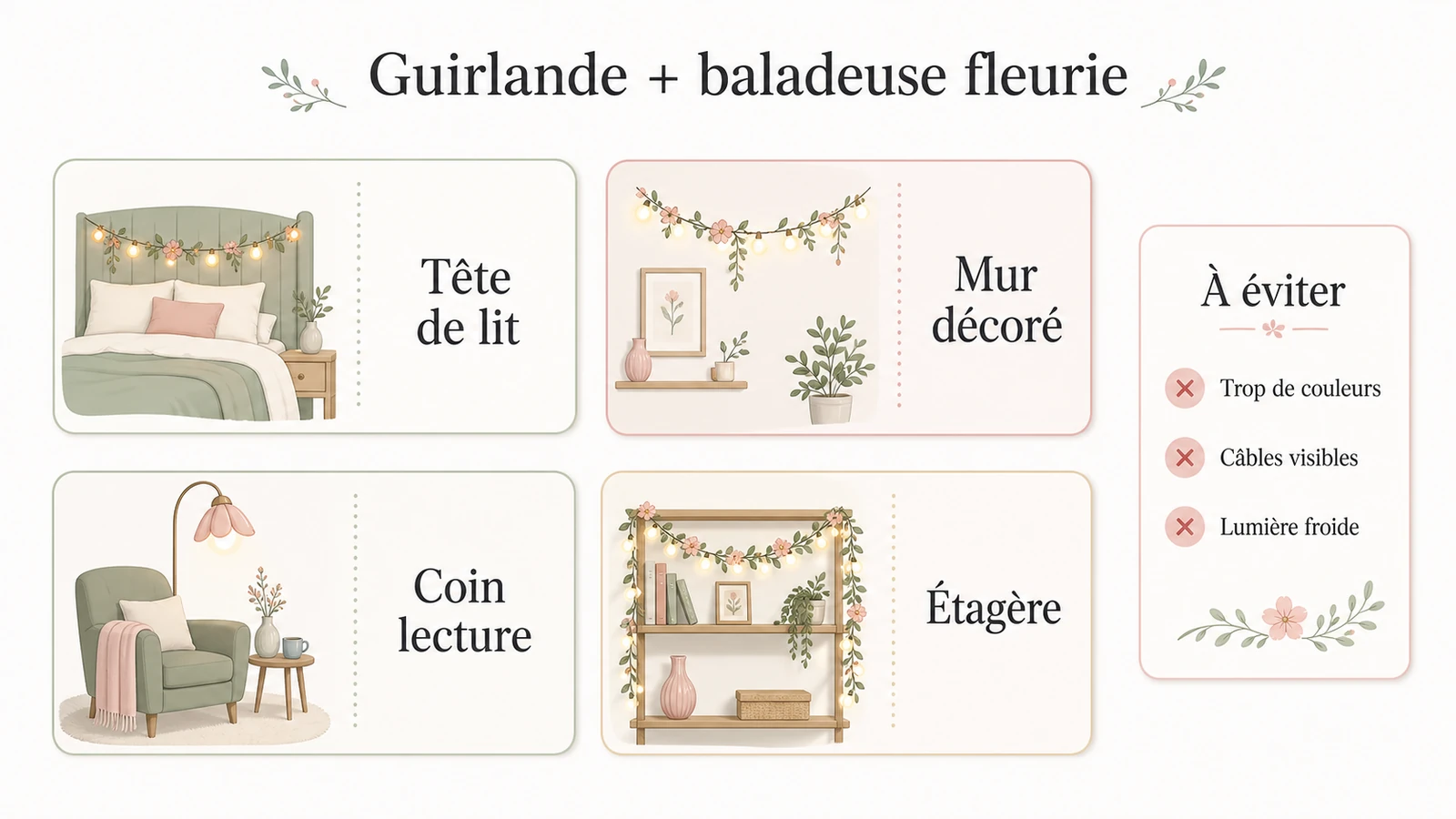 Infographie sur l’association d’une guirlande lumineuse et d’une baladeuse fleurie dans une chambre