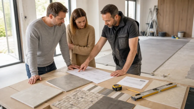 Chantier-facile.fr et carrelage : comment comparer les bons devis ? illustré dans une scène éditoriale