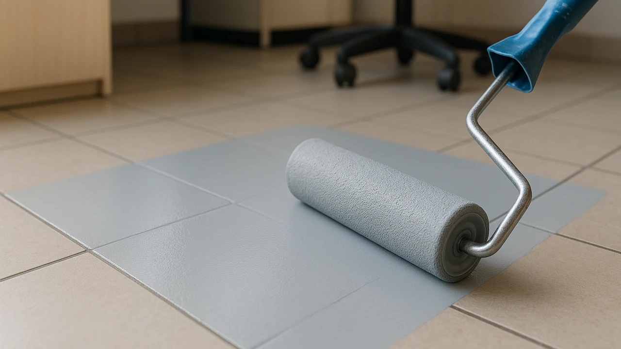 application soignée d’une peinture sur carrelage dans un bureau
