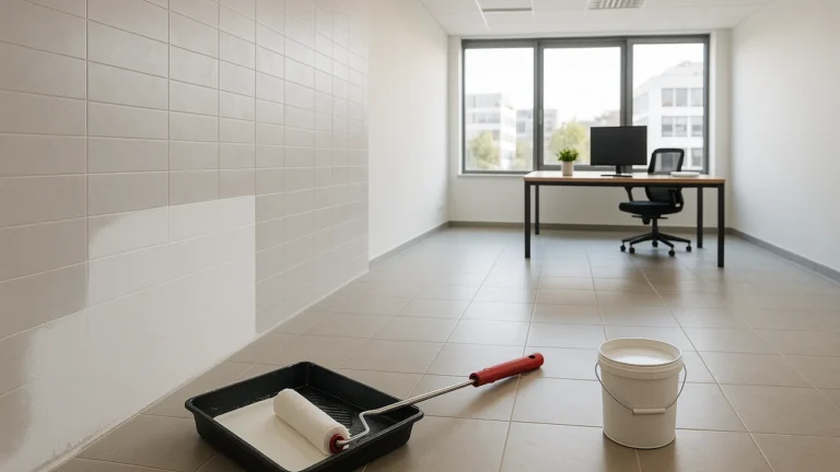 bureau avec carrelage en cours de peinture dans une ambiance lumineuse