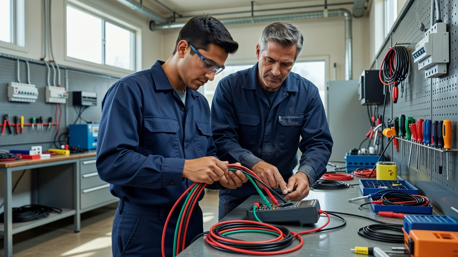 Un apprenti électricien utilise un multimètre pendant une formation CAP en électricité.