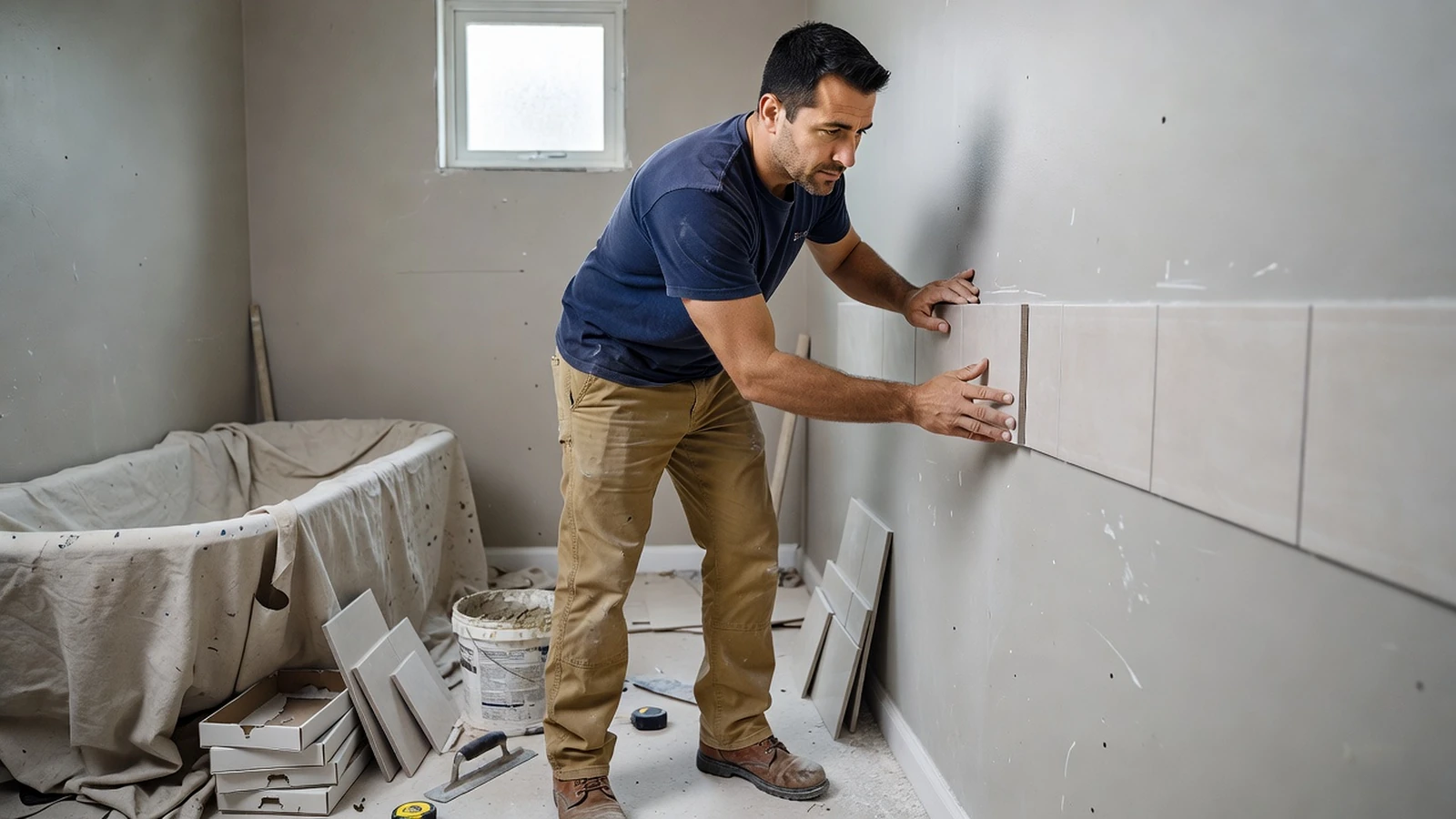 Un homme vérifie l’ajustement d’un échantillon de carrelage sur un mur en cours de rénovation.