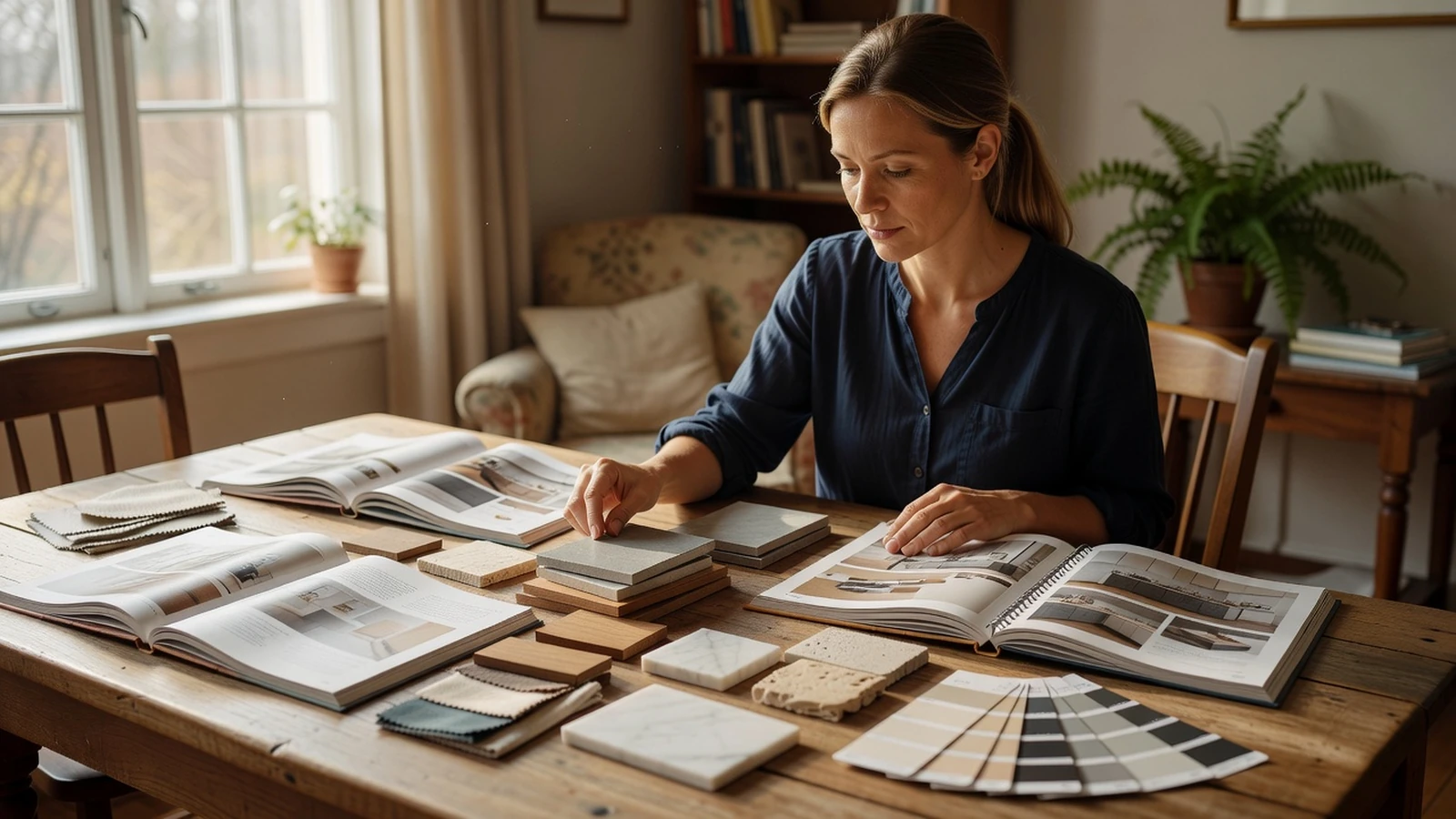Une femme trie des échantillons et catalogues de matériaux sur une table pour préparer sa rénovation.