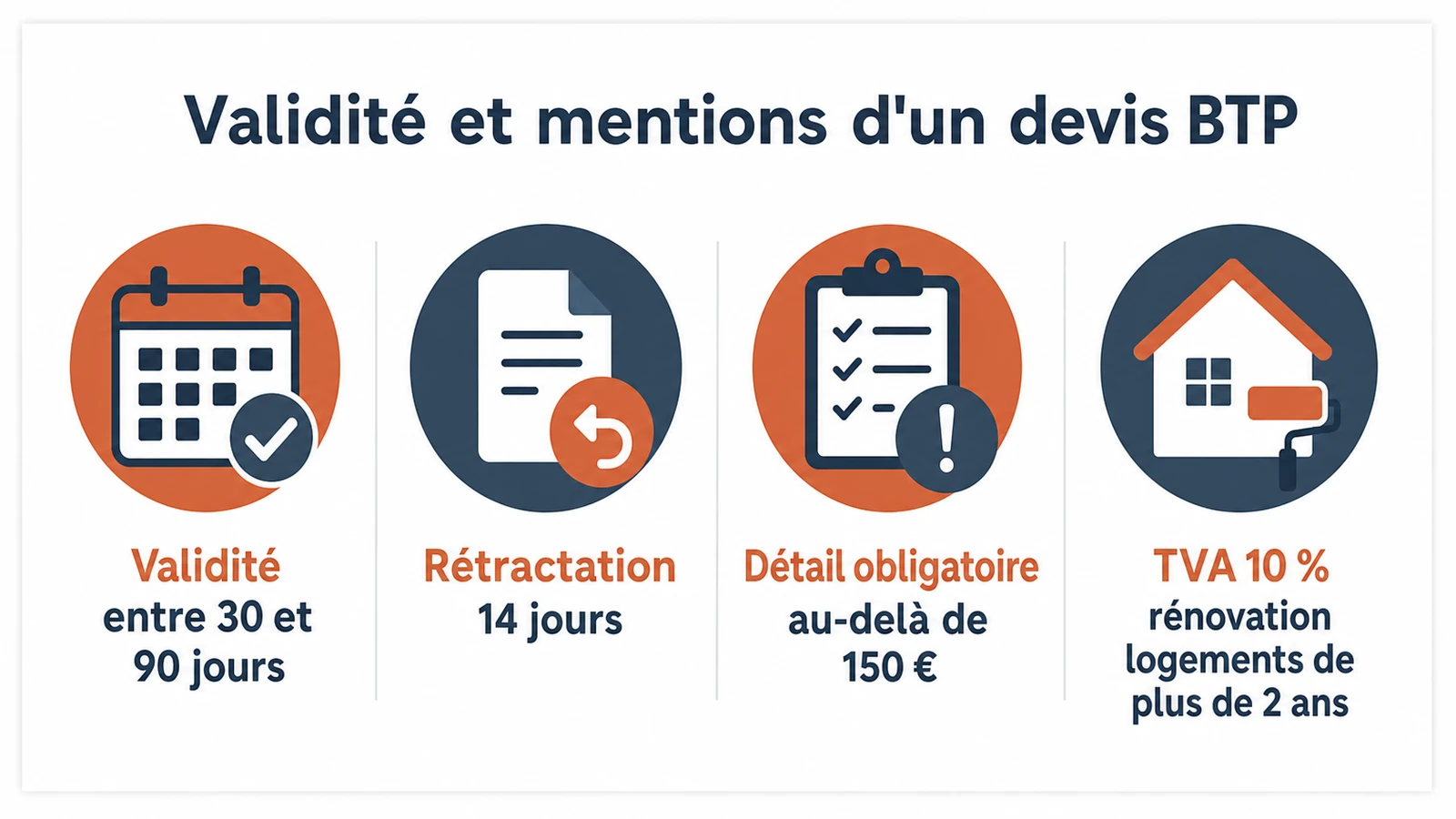 Récapitulatif des durées légales et mentions obligatoires pour un devis gratuit en BTP.