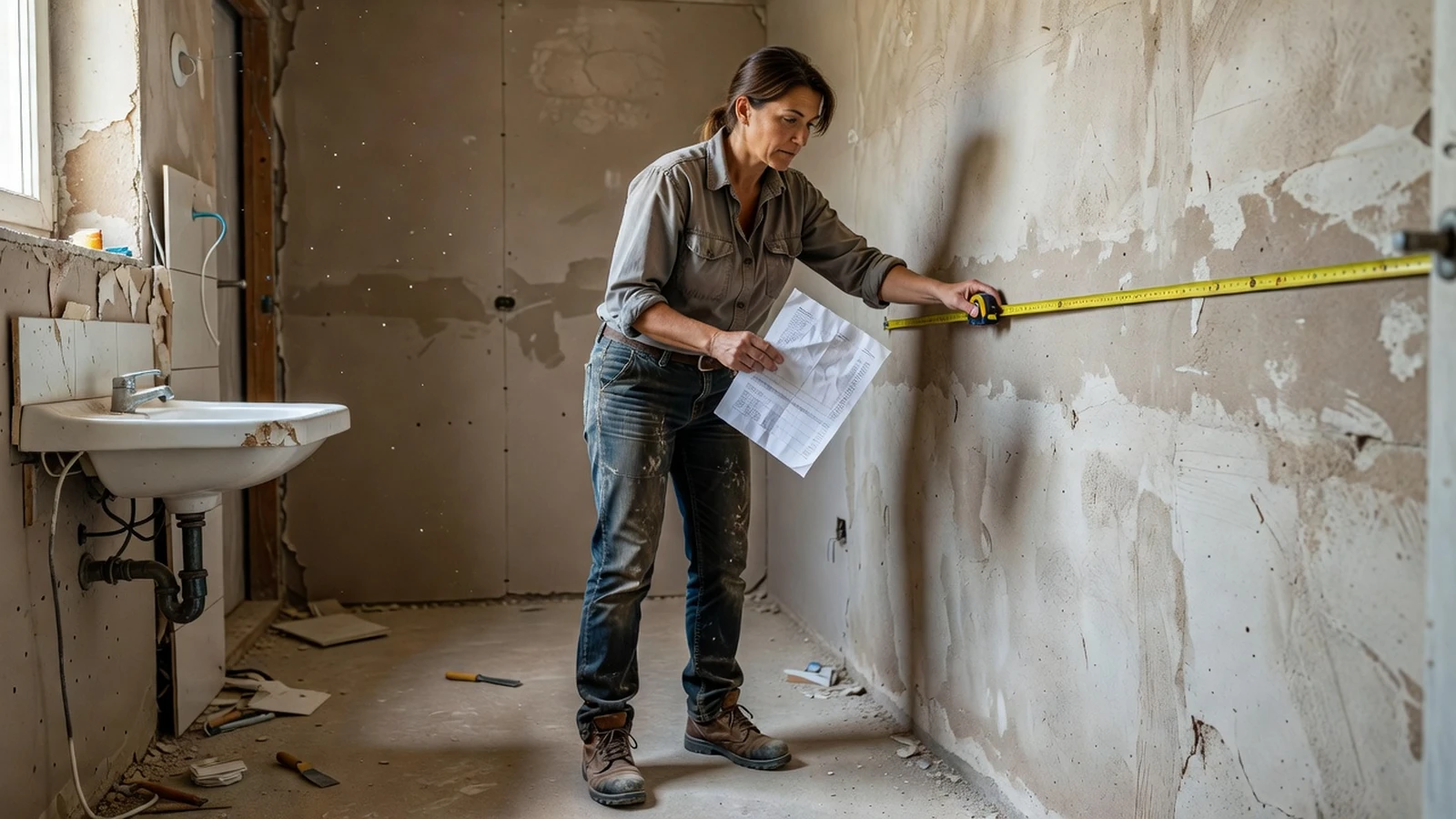 Une femme vérifie les mesures d'une salle de bain en rénovation en consultant son devis.