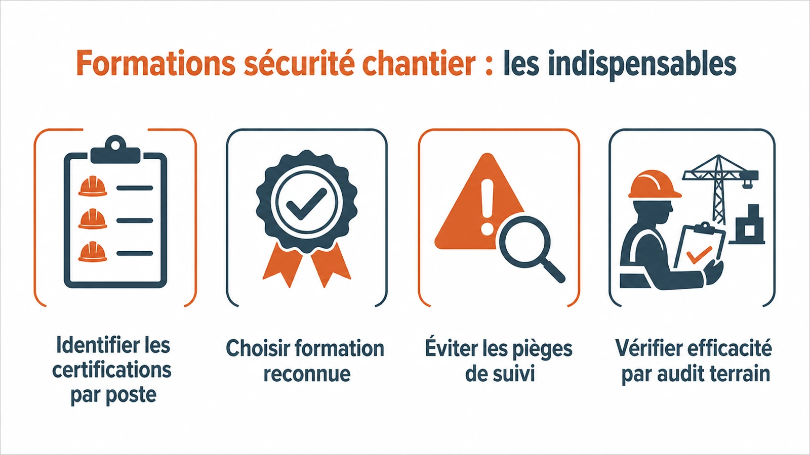 Schéma des quatre étapes concrètes pour choisir et valider les formations sécurité sur les chantiers BTP.