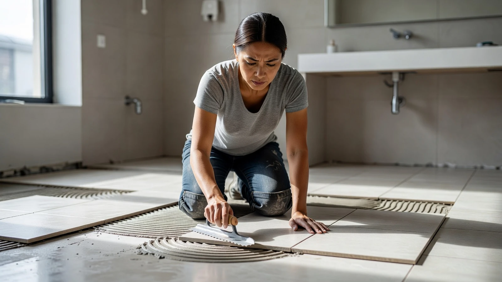 Une professionnelle en formation pose du carrelage au sol dans une salle de bain en rénovation.