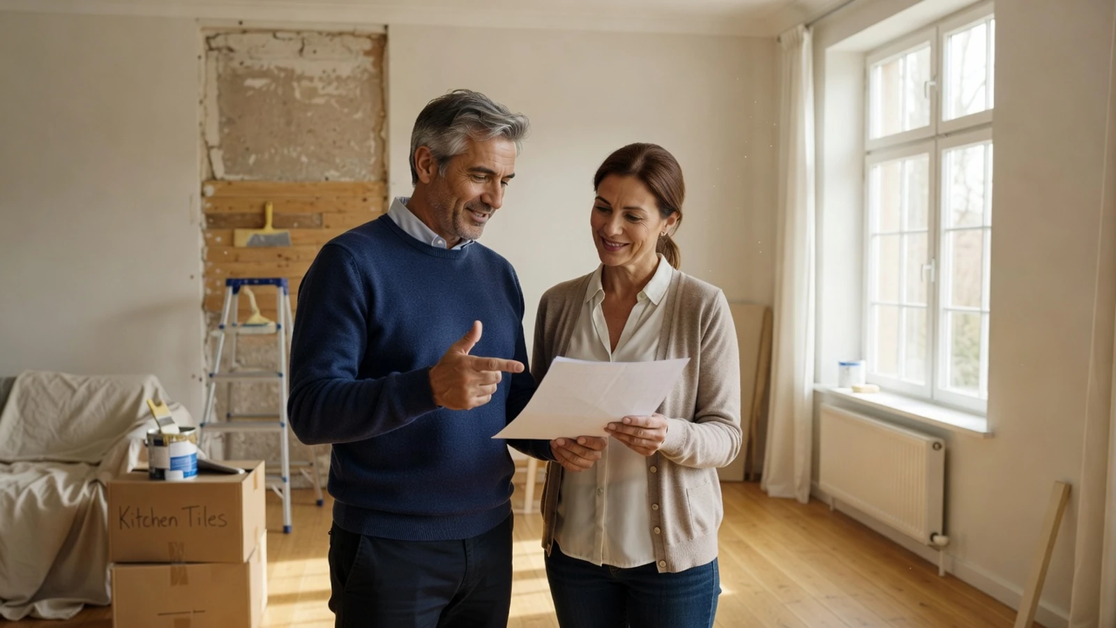 Couple échangeant sur les options de support et d'épargne de leur compte PRO BTP dans leur intérieur.