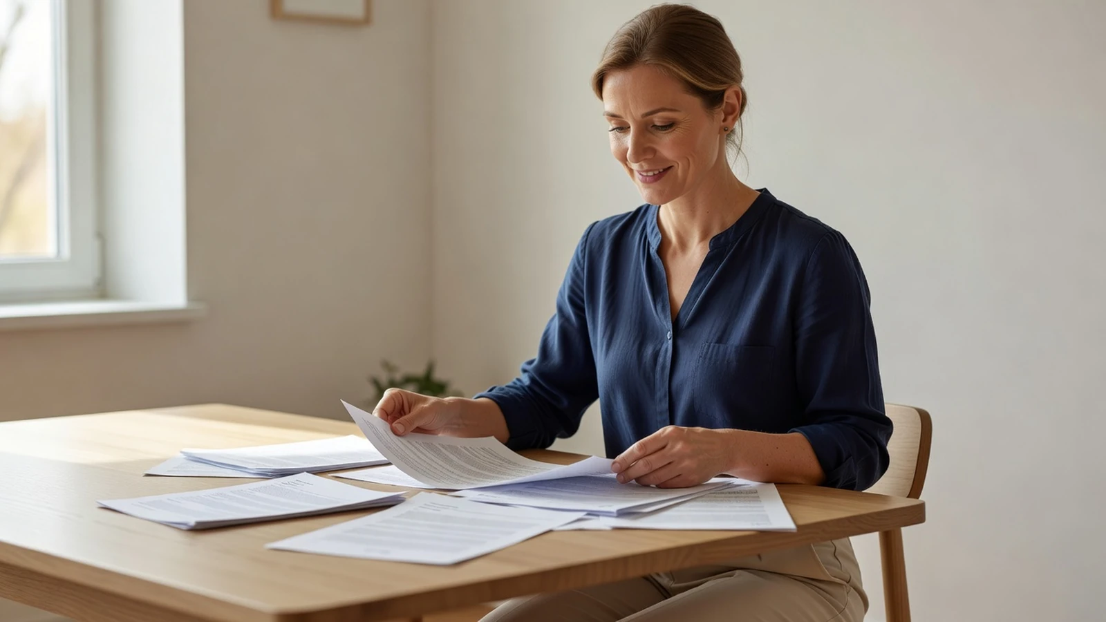 Particulière classant ses documents de contrats santé et retraite sur une table à la maison.