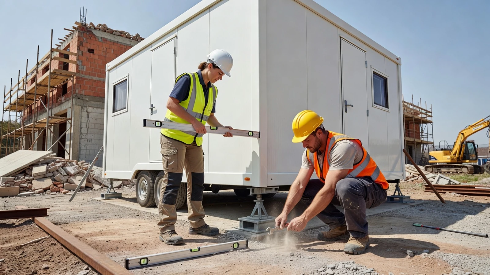 Deux professionnels stabilisent une roulotte de chantier sur un sol plat avant le début des travaux de rénovation.