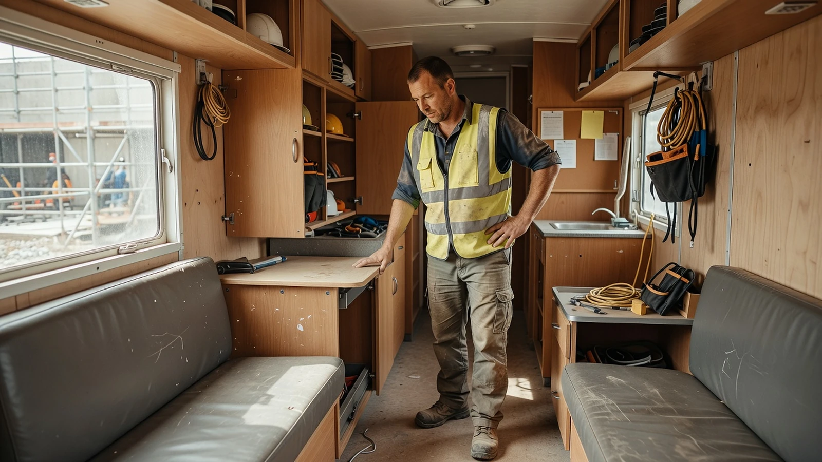Un ouvrier inspecte l'aménagement intérieur d'une roulotte de chantier pour s'assurer du confort de l'équipe sur site.