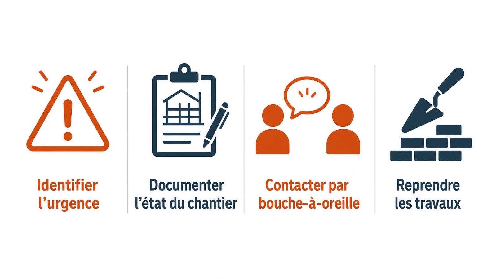 Infographie listant les quatre étapes concrètes pour reprendre un chantier interrompu en urgence.